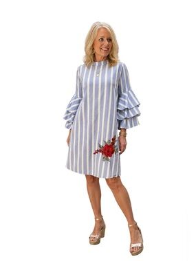 Karlie Blue & White Striped Midi Dress with Red Floral Applique